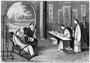 'Domestic scene, ladies at their usual employments', 1847. Chinese women painting and playing musical instruments. Illustration from The History of China and India, by Miss Corner, (Dean and Co, London, 1847). (Photo by The Print Collector/Print Collector/Getty Images)